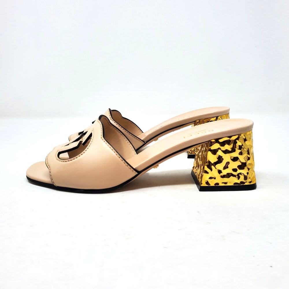 Gucci Sandals Interlocking G Cut-Out Leather Light Nude Gold Heel Size 37 US 7 - Picture 5 of 11